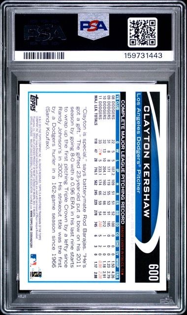 Clayton Kershaw 2012 TOPPS #600 PSA 10 GEM MT view 2