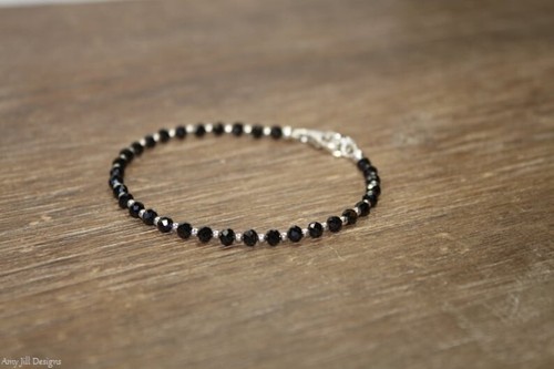Black Spinal Faceted Round & Silver Filled Beaded Adjustable Woman Bracelet 6-9" - Picture 3 of 8