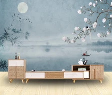 3D Magnolia Boat Bird Moon Self-adhesive Removeable Wallpaper Wall Mural