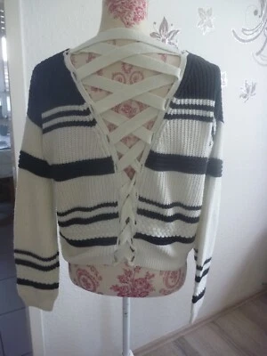 Pullover Strick Boxy-Pulli V-Ausschnitt Schnürung gestreift Creme Schwarz Gr. S - Bild 1 von 4