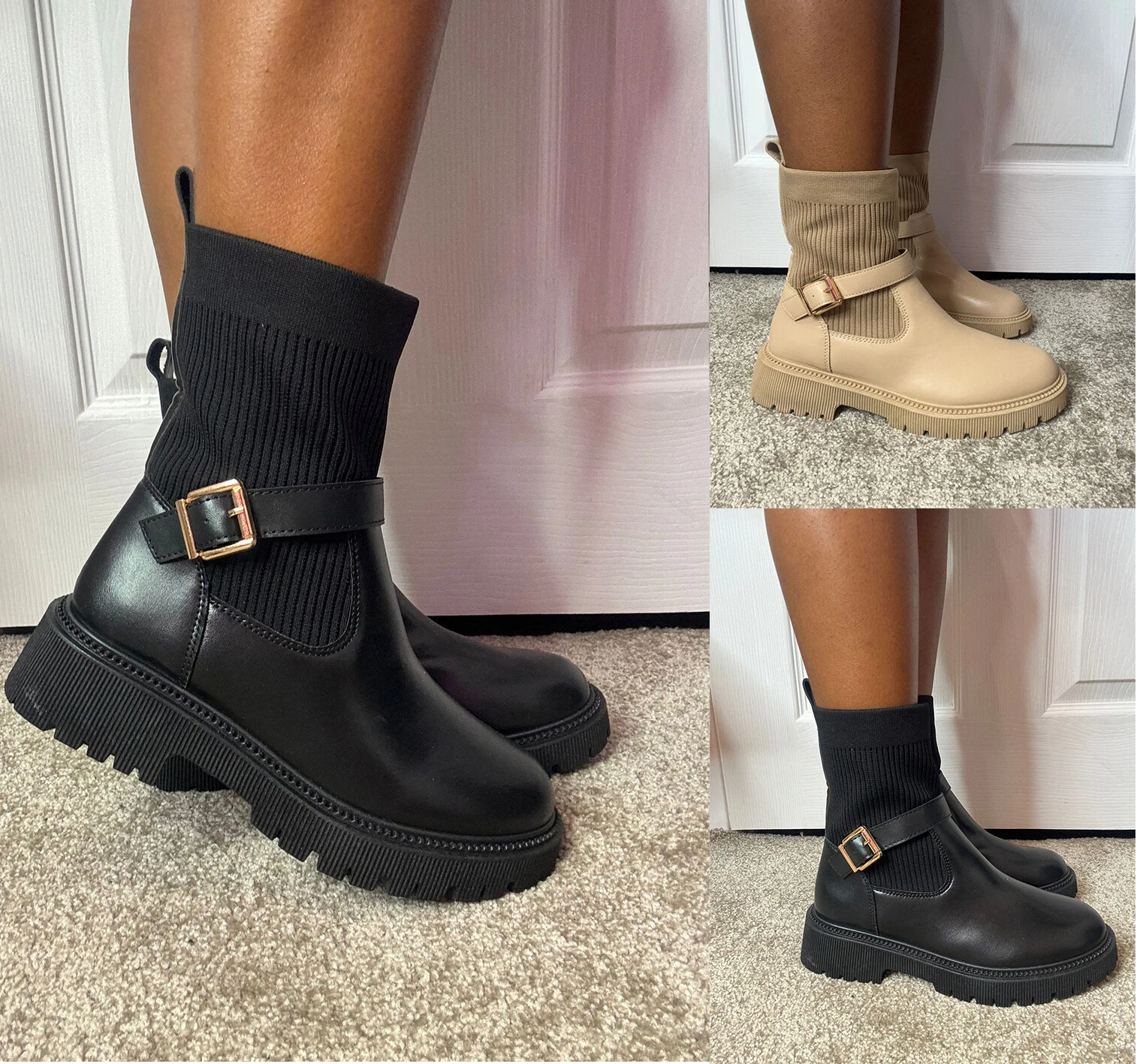 Sock Ankle Boots Ladies Mid Calf Chunky Buckle Winter Pull On Casual Warm Shoes