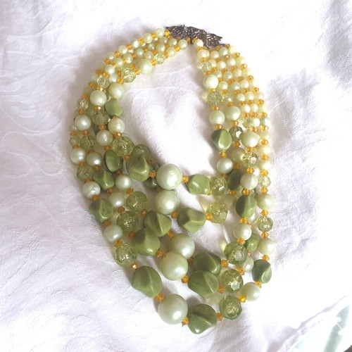 Vtg 50s 60s  Necklace 5 Strands Green Orange  Beads Retro Glam