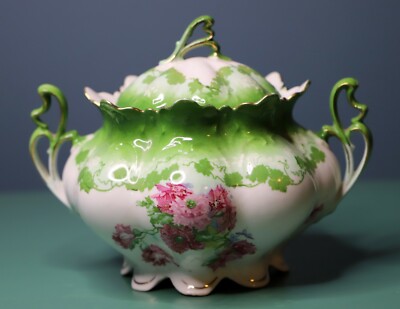 ANTIQUE MZ Austria Porcelain Melon Style Covered Bowl - 22kt Gold Trim, Pre 1910