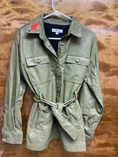 Women "Love &Whit" olive green faux leather jacket with belt Size Sm. P.O.