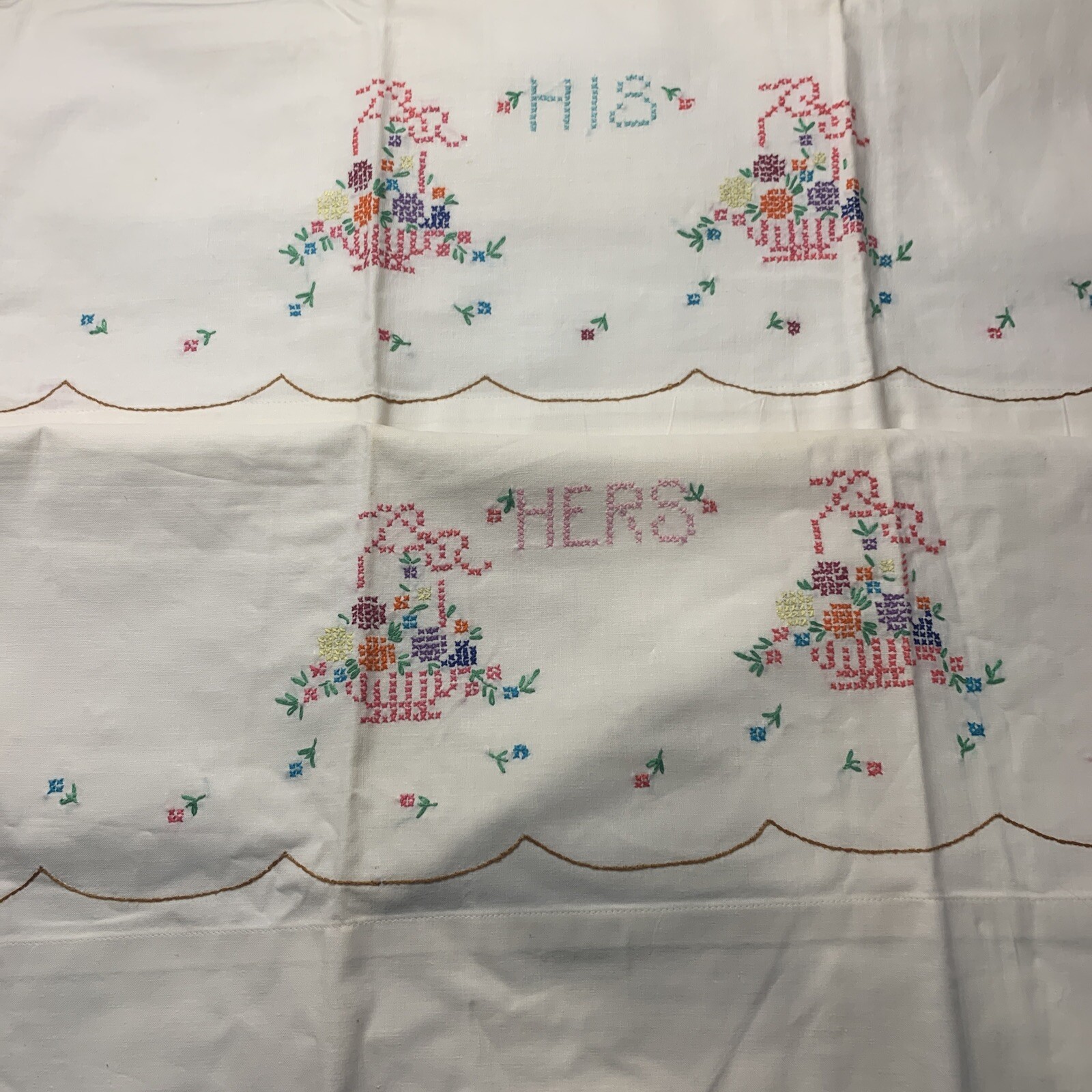 Pair of Vintage Hand Embroidered Pillowcases His & Hers Unused eBay