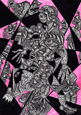 trippy painting, kubistisches Gesicht, Tinten und Airbrush, A2 dickes Papier, surreal