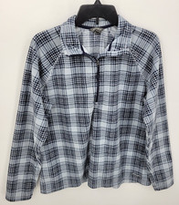 Eddie Bauer Fleece Pullover Womens XL Gray Blue Plaid Quarter Zip Outdoor