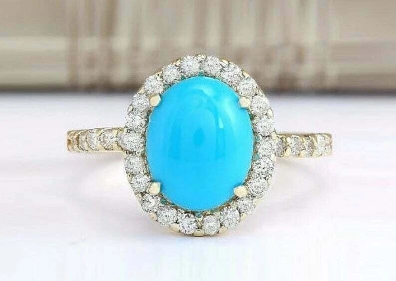 Anillo de compromiso turquesa azul simulado corte ovalado de 3,00 quilates acabado oro blanco de 14 k Foto 3 de 3