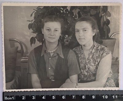 Two Pretty Cute Young Women Charming Attractive Ladies Nice Girls Old Photo
