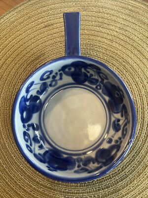 1990 Pottery Blue Floral Soup Bowl With Handle Crafted in Israel