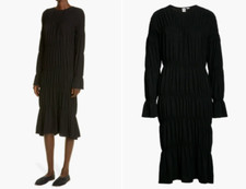 TOTEME Black Gathered Shirred Flare Long Sleeve Silky Crepe Jersey Dress M = 6