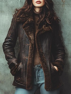 Women s Shearling Leather Coat   Vintage Brown Sheepskin Jacket with Fur Lining