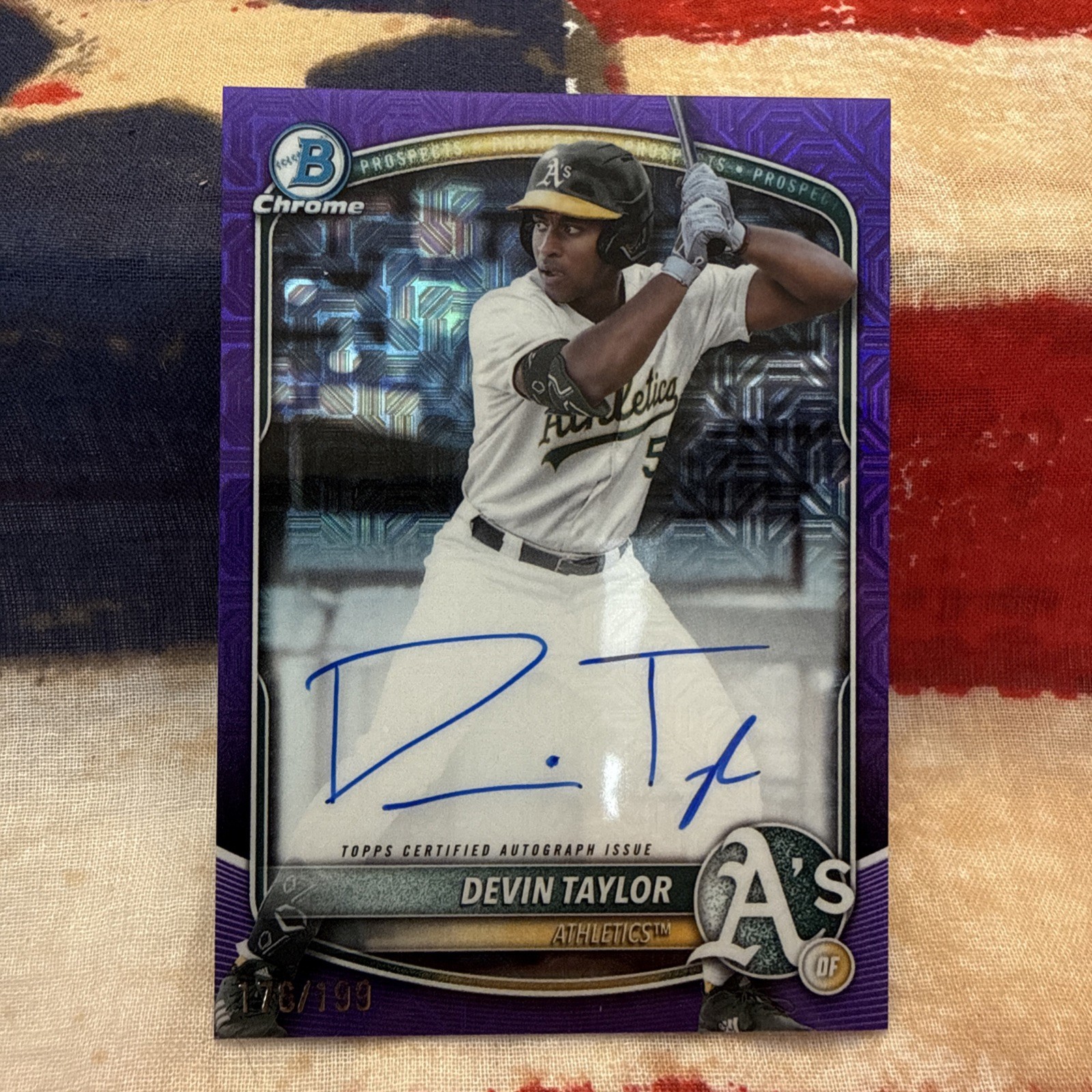 2025 Bowman Draft Purple Mojo Refractor Auto 176/199 DEVIN TAYLOR #BMA-DT A’s