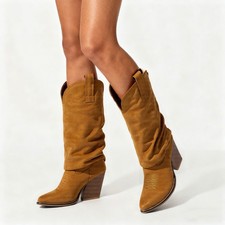 Women Cowboy Boot TAN Faux Soft Suede Western Boots Turn Down Leg Size 3-8
