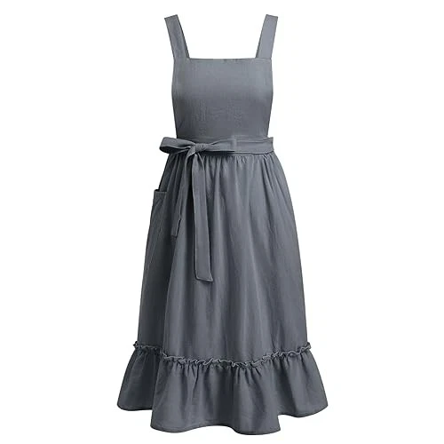 Vestido delantal vintage de algodón y lino para mujer con talla única gris oscuro Foto 4 de 4