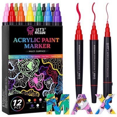 12 Colors Acrylic Paint Markers, 3 Tips Multi-Purpose & High-Capacity Acrylic...