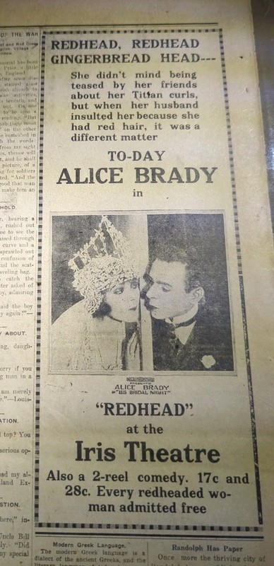 JULY 1920 NEWSPAPER PAGE #2774- ALICE BRADY IN "REDHEAD" MOVIE AD 🍿