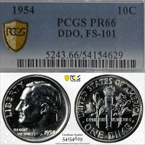 1954 Roosevelt Dime PCGS PR66 DDO FS-101 Silver Proof Coin 10C Gold Shield