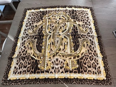 Roberto Cavalli Silk Square Scarf Animal Print Logo Pearl 90cm