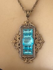 Vintage Necklace Art Deco Brass Filigree Purple Violet Rhinestone Pendant