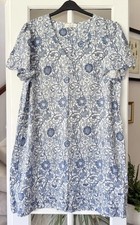Next William Morris & Co ‘Pink & Rose’ Blue Print Linen Mix Shift Dress Size 16
