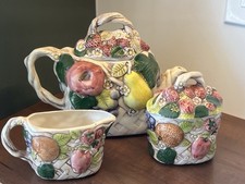 Ceramic Fruit Pattern Tea Set Glazed Teapot Sugar Bowl Creamer Lid Multicolor