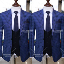 New Checked Men's Suit Business Prom Evening Tuxedo Jacket Navy Blue Offical 3Pc