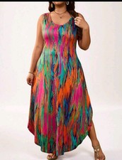 Women's Plus Size Sleeveless Round Neck Colorful Abstract Print Dress  0X