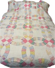 Vintage Hand Stitched Double Wedding Ring Quilt 86 X 72