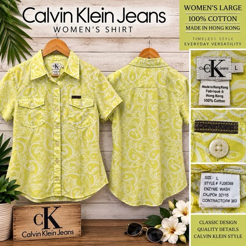 Calvin Klein Jeans, Camicia Calvin Klein Jeans Donna L Vintage Paisley Giallo Hong Kong 100% #22