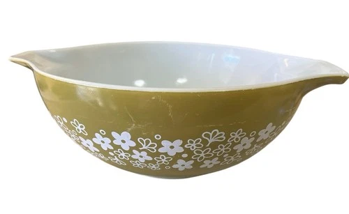 VTG Pyrex 444 Spring Blossom Crazy Daisy Cinderella 4 QT Green White Mixing Bowl