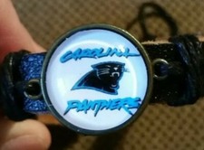 Carolina Panthers NFL football Cabochon Charm Infinity Black Leather Bracelet