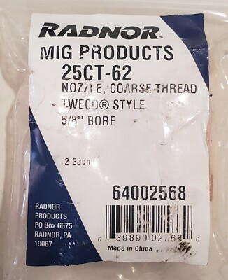 2 Pack Radnor 25CT-62 Nozzle Course Thread Tweco Style 5/8'' Bore