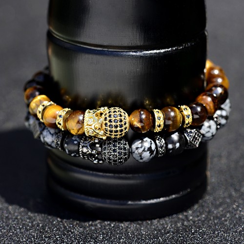 Pulseras de lujo para hombres 24 kt micro pave CZ corona cuentas ojo de tigre y piedra de nieve regalo - Imagen 37 de 42