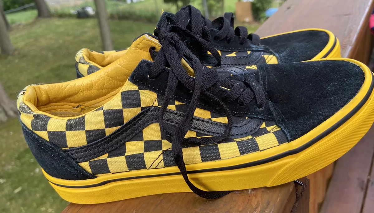 Unisex Black, White, and Yellow checkered vans used condition