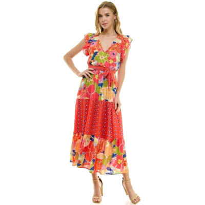 FIGUEROA & FLOWER Orange Red Multi Floral V-Neck Ruffle Tiered Midi Dress Belt M