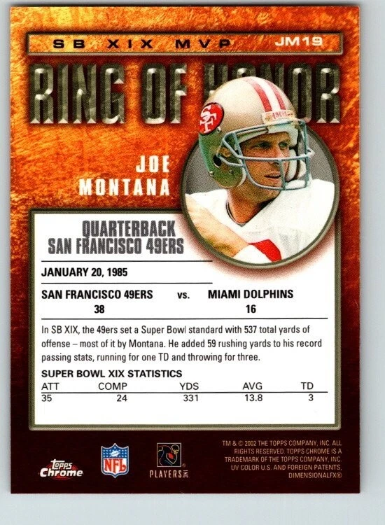 2002 Topps Chrome Ring of Honor #JM19 Joe Montana 047-M - Image 2 of 2