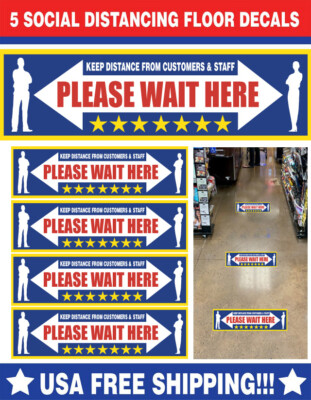 (5) SOCIAL DISTANCING 12''x3'' FLOOR vinyl stickers LAMINATED CV19 VIRUS SAFETY