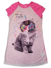 Girls Pink & Gray Wish I Was A Unicorn Kitten Cat Sleep Shirt Nightgown