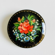 Ukrainian hand painted wooden button pin brooch floral collectible