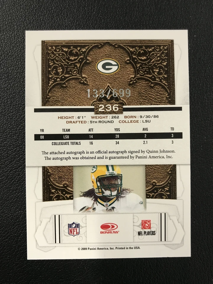 2009 Donruss Classics #236 Quinn Johnson Rookie Auto /699 Green Bay Packers - Image 2 of 2