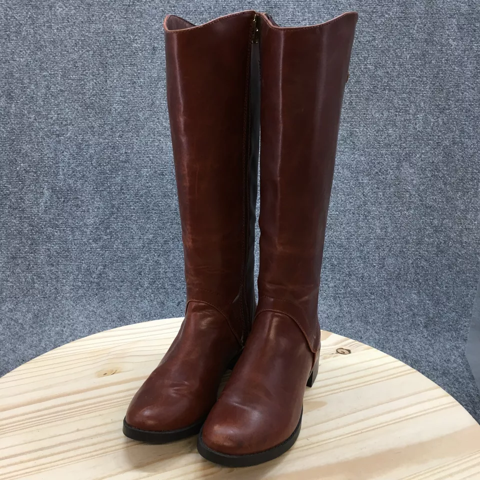 Merona Boots Womens 8 Bonnie Cognac Riding Brown Faux Leather Side Zip Block - Image 3 of 4