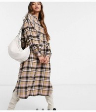 ASOS DESIGN PLAID FLANNEL MIDI SHIRT DRESS SIZE 6 Oversized Tan PInk Button Down