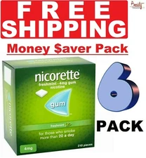6 X Nicorette Gum 4mg Freshmint 210 Pieces ""FREE SHIPPING TO USA""