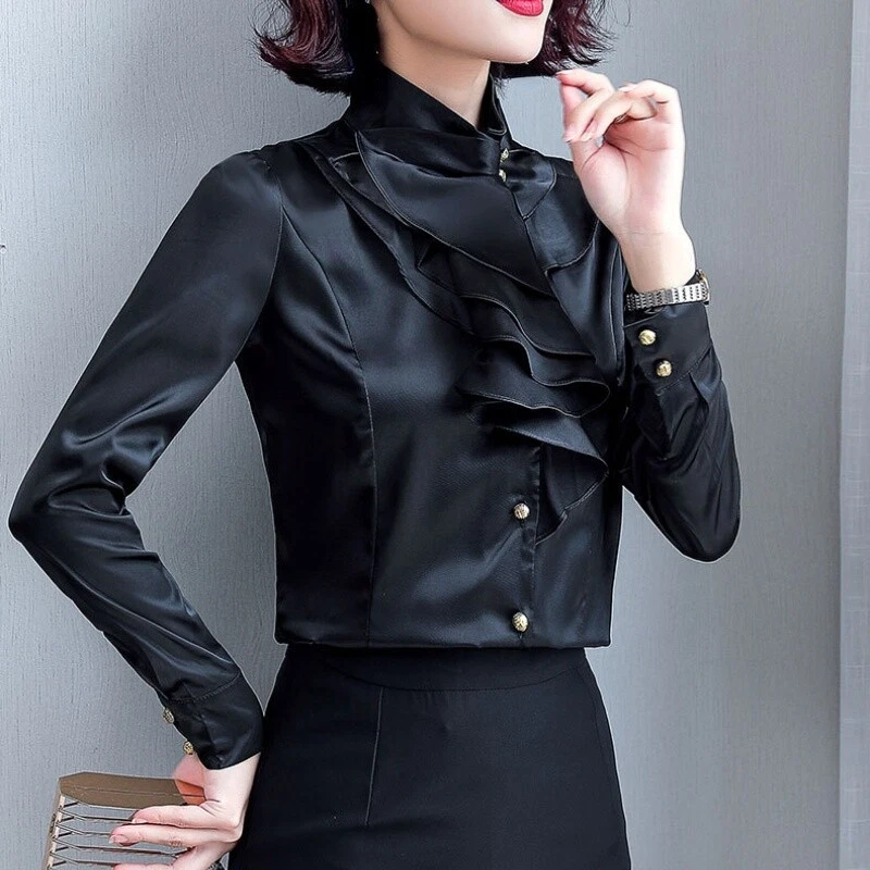 Chemisier Femme Satin Effet Soie - Rayures Rétro - Manches Longues Boutonnées - Toutes Occasions - Neuf Avec étiquettes