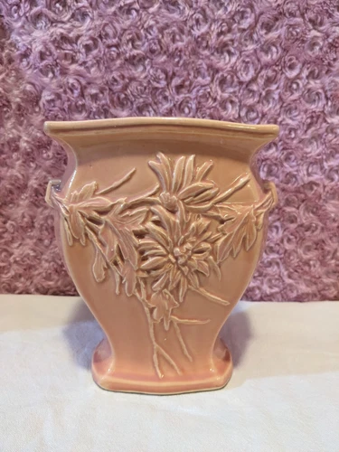VTG 1940's McCoy Pottery Peach Floral Planter 7" Tall USA