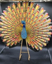 Vintage Rare Paper Round Peacock Handheld Wall Standing Fan