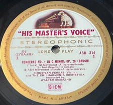 ASD 314 HMV W/G 1959 ORIG  - CHRISTIAN FERRAS Susslind Bruch Lalo VIOLIN LP