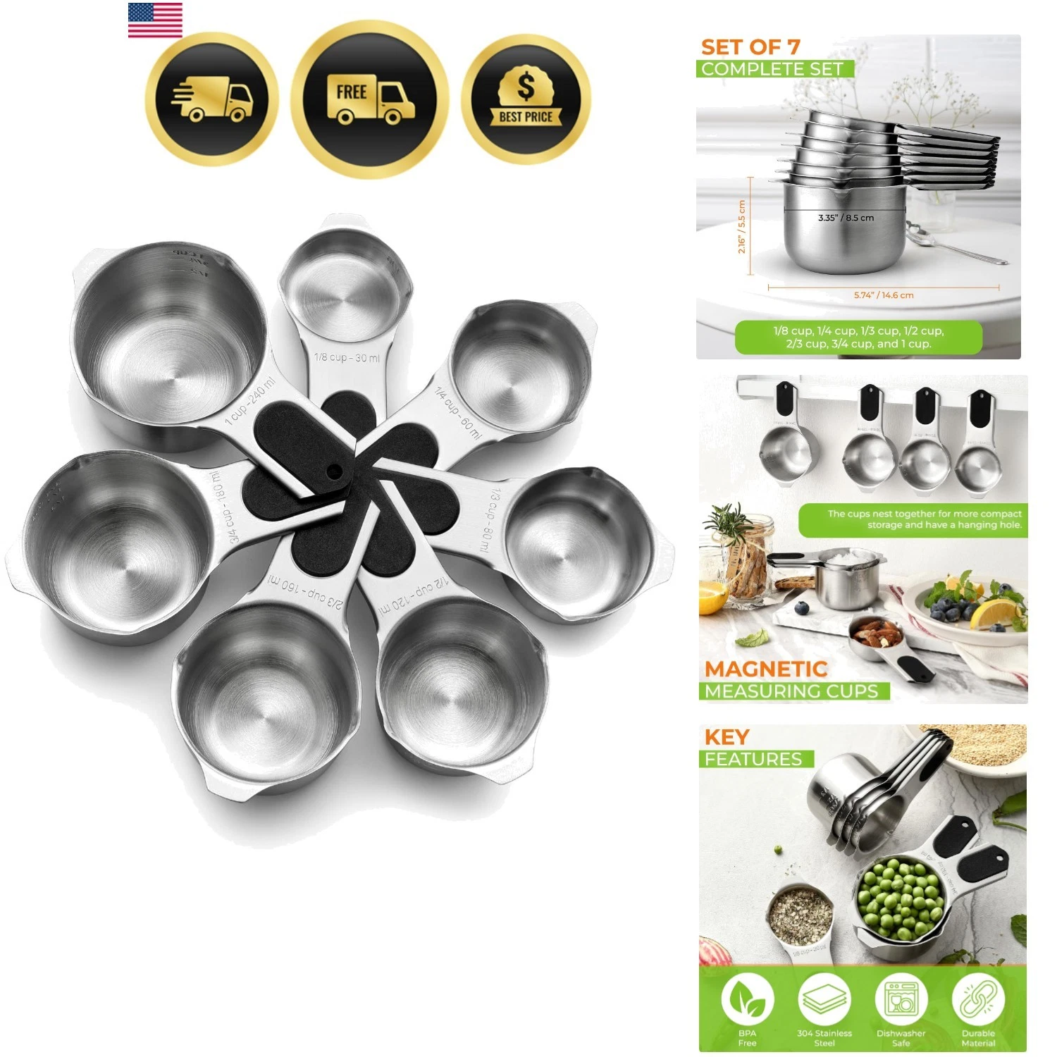 Magnetic Stainless Steel Measuring Cups, Patented, Kitchen Tools with Easy to...