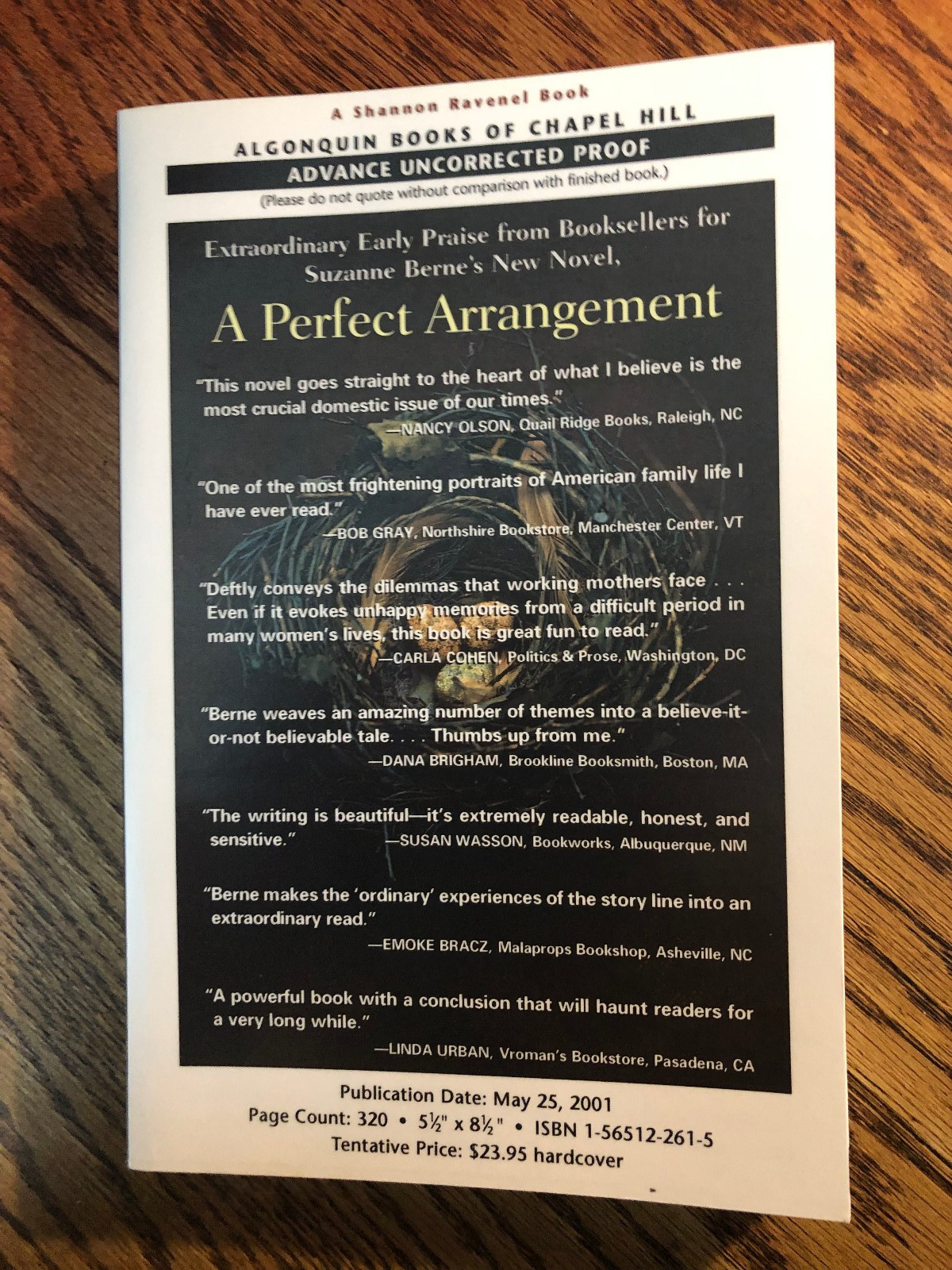 A Perfect Arrangement by Suzanne Berne  5/2001  SC  PROOF / ARC  Advance Copy